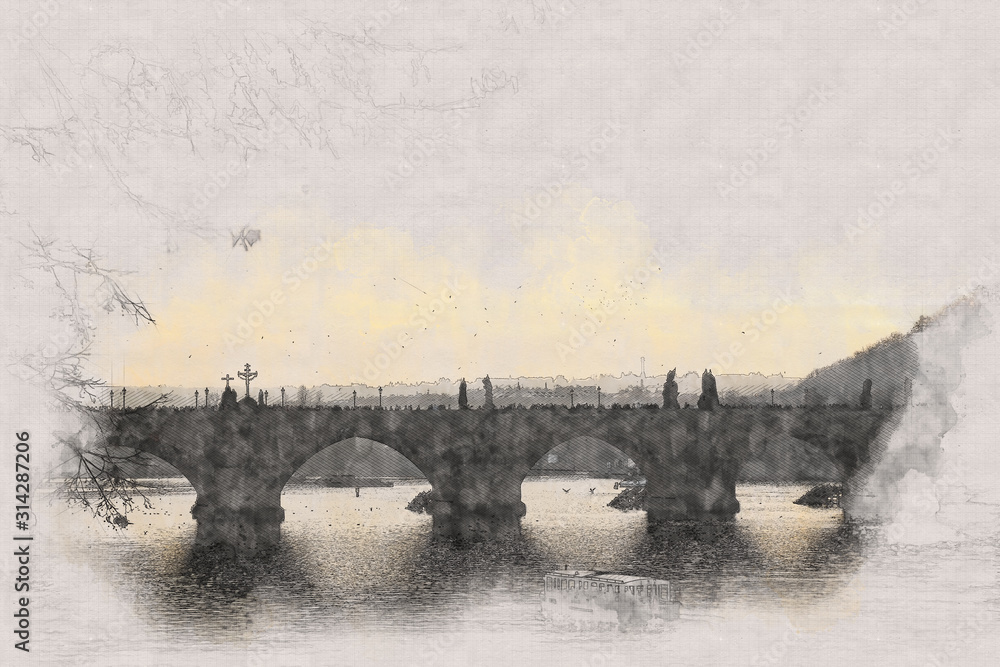 abstract architecture sketch style image of Prague and vltava river. Charles bridge view at sunset - obrazy, fototapety, plakaty 