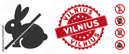 Vector no rabbit icon and rubber round stamp seal with Vilnius phrase. Flat no rabbit icon is isolated on a white background. Vilnius stamp seal uses red color and scratched design.