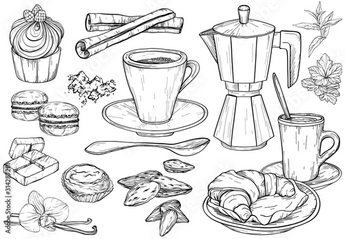 Party pastry, cakes and sweets icons. Hand drawn illustration with Cakes and cupcakes. Coffee and Teatime set, black and white.