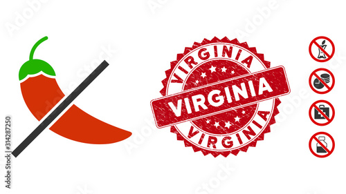 Vector no spice icon and rubber round stamp seal with Virginia caption. Flat no spice icon is isolated on a white background. Virginia stamp seal uses red color and rubber surface.