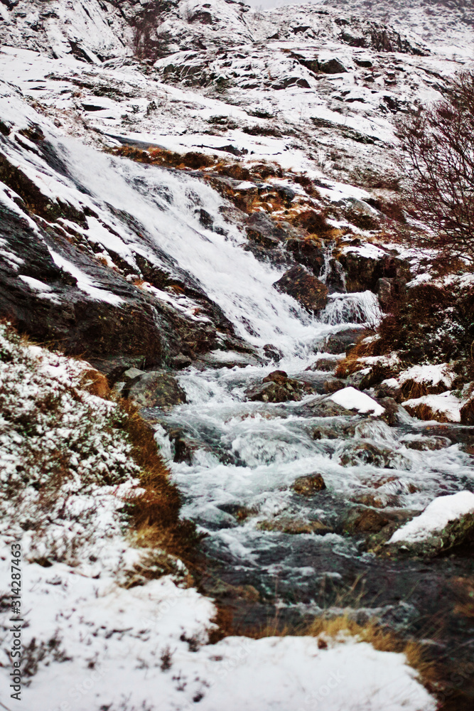 Small water stream flows trough rocks, fresh snow around.
