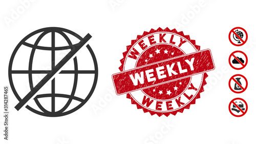 Vector not global icon and grunge round stamp seal with Weekly caption. Flat not global icon is isolated on a white background. Weekly stamp uses red color and grunge texture. Bonus icons are added.