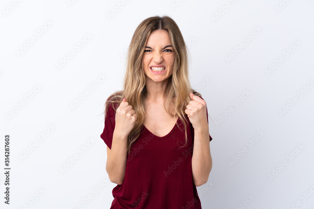 Young woman over isolated white background frustrated by a bad situation Young woman over isolated white background frustrated by a bad situation