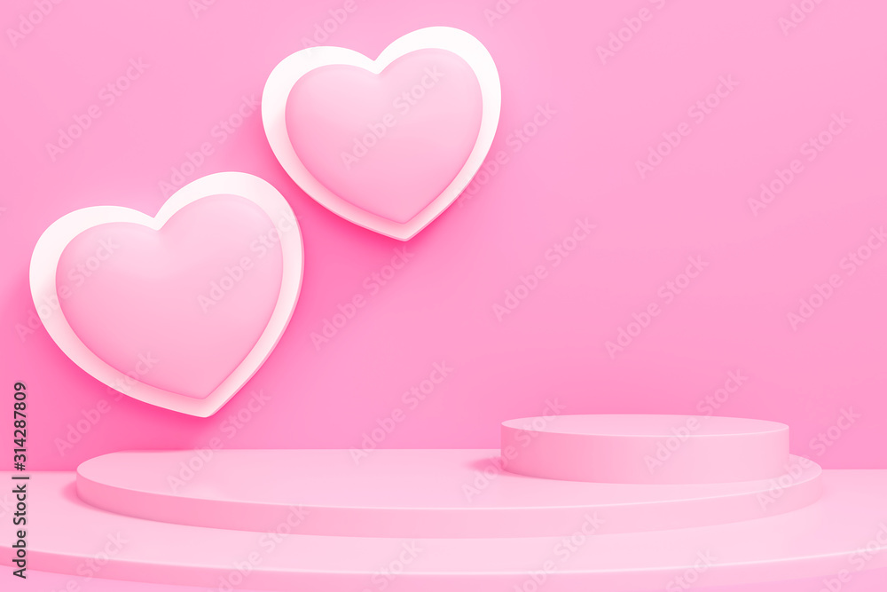 Abstract sweet pink heart with podium display stand on pastel pink background 3d rendering. 3d illustration Valentines Day greeting card template minimal concept. Abstract sweet pink heart with podium display stand on pastel pink background 3d rendering. 3d illustration Valentines Day greeting card template minimal concept.