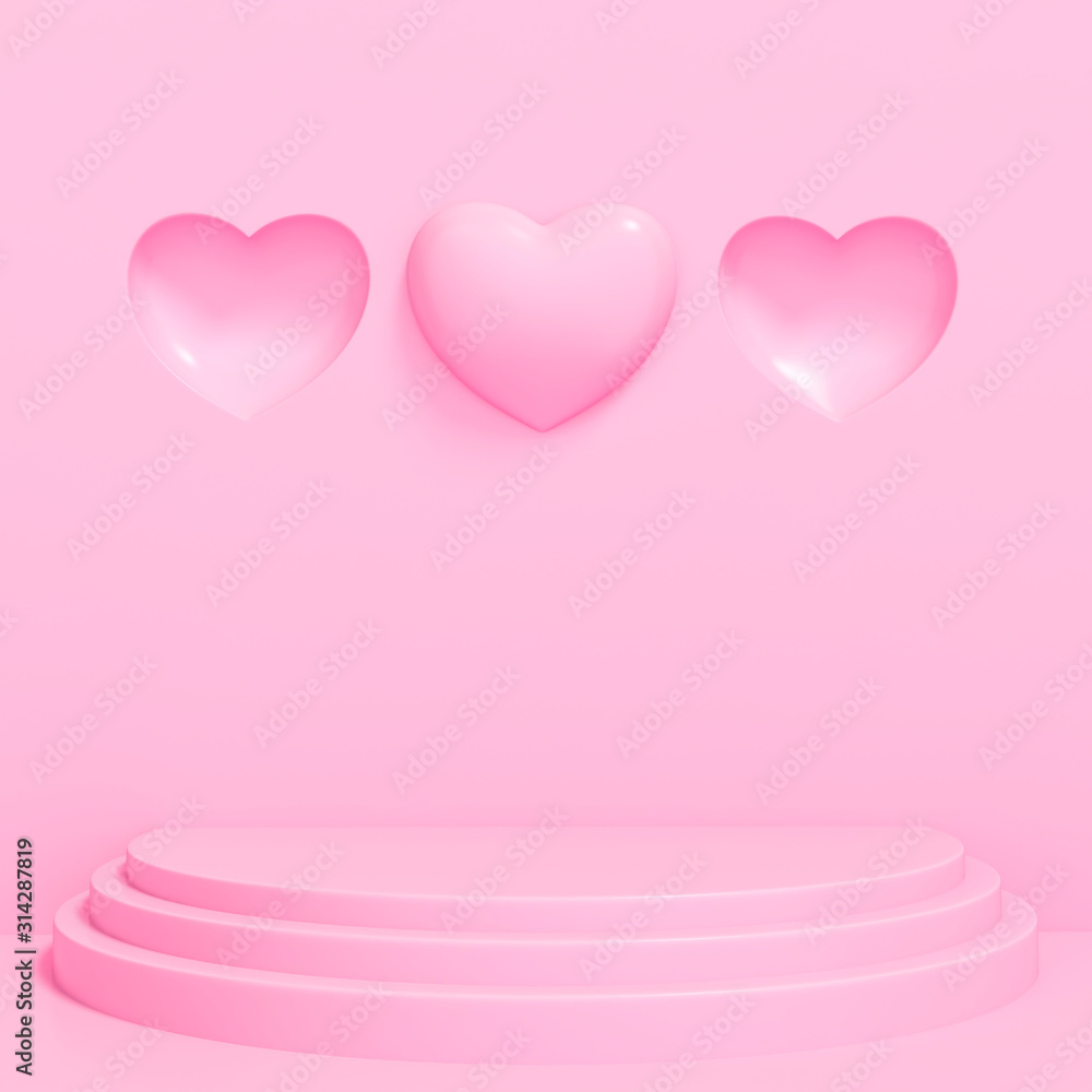 Abstract sweet pink heart with podium display stand on pastel pink background 3d rendering. 3d illustration Valentines Day greeting card template minimal concept. Abstract sweet pink heart with podium display stand on pastel pink background 3d rendering. 3d illustration Valentines Day greeting card template minimal concept.