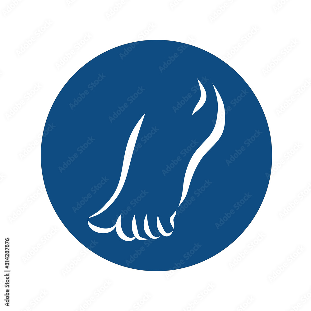 Round icon with white silhouette of a bare foot on a blue background. Vector illustration. Round icon with white silhouette of a bare foot on a blue background. Vector illustration.