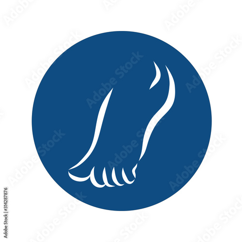 Round icon with white silhouette of a bare foot on a blue background. Vector illustration.