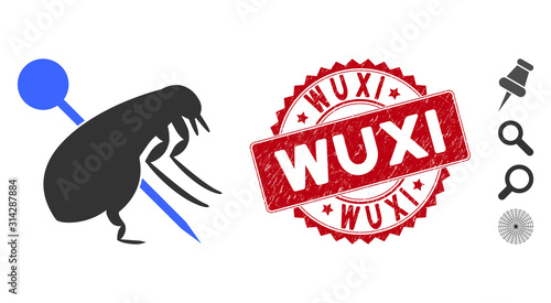 Vector pinned flea icon and grunge round stamp seal with Wuxi caption. Flat pinned flea icon is isolated on a white background. Wuxi stamp seal uses red color and rubber design. Bonus icons are added.
