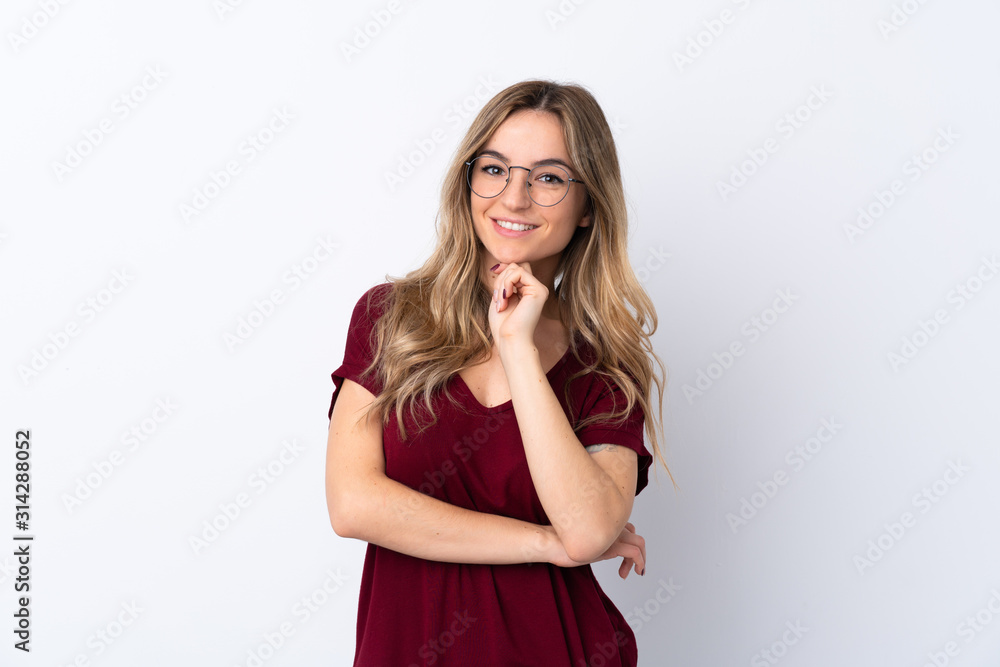Young woman over isolated white background with glasses and smiling Young woman over isolated white background with glasses and smiling