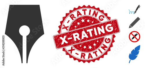 Vector poetry pen icon and rubber round stamp watermark with X-Rating caption. Flat poetry pen icon is isolated on a white background. X-Rating stamp seal uses red color and rubber design.