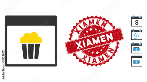 Vector popcorn calendar page icon and grunge round stamp seal with Xiamen text. Flat popcorn calendar page icon is isolated on a white background. Xiamen stamp seal uses red color and grunge texture.