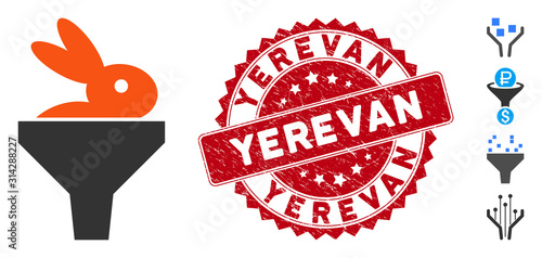 Vector rabbit puree funnel icon and corroded round stamp seal with Yerevan caption. Flat rabbit puree funnel icon is isolated on a white background.