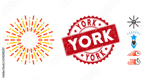 Vector radiation rays icon and rubber round stamp watermark with York text. Flat radiation rays icon is isolated on a white background. York stamp uses red color and rubber design.