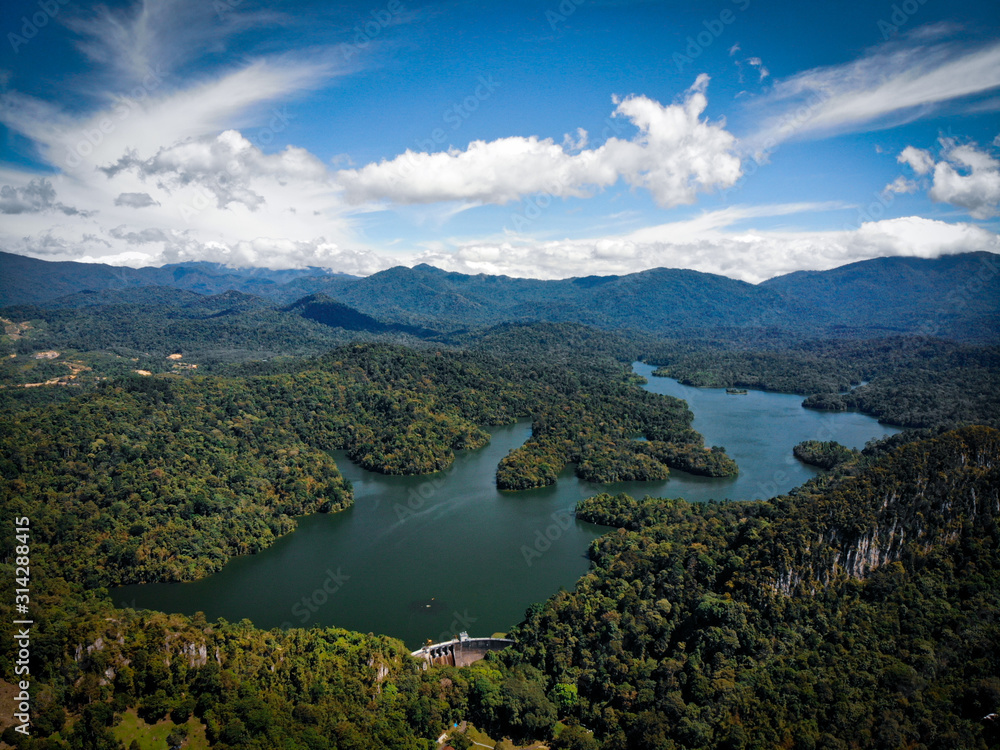 Aerial view of rain forest with blue sky background.