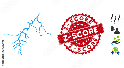 Vector river icon and grunge round stamp seal with Z-Score text. Flat river icon is isolated on a white background. Z-Score stamp seal uses red color and grunge texture. Bonus icons are added.