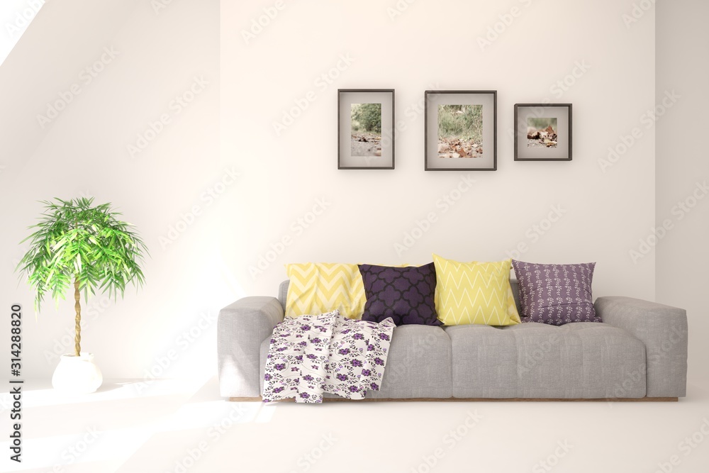 Stylish room in white color with sofa. Scandinavian interior design. 3D illustration Stylish room in white color with sofa. Scandinavian interior design. 3D illustration