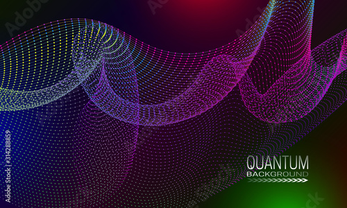 Quantum background design with iridescent dots and lines abstraction. Futuristic banner template.