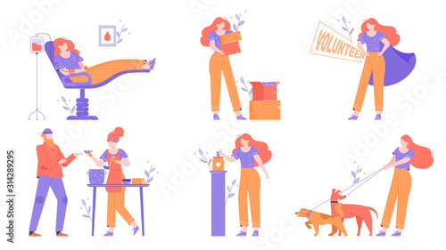 Helping others, gratuitous assistance, aid, volunteering and charity. Blood, clothes and money donation. Food bank for homeless a dog shelter. Trendy illustrations set with a female character.