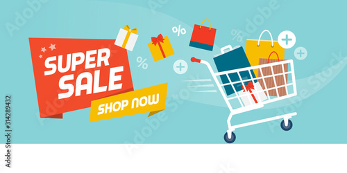 Online shopping promotional sale banner with full shopping cart