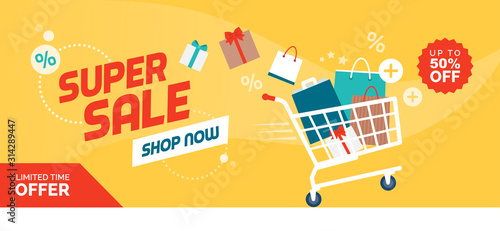 Online shopping promotional sale banner with full shopping cart