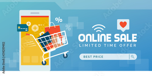Online shopping promotional sale banner with full shopping cart and smartphone