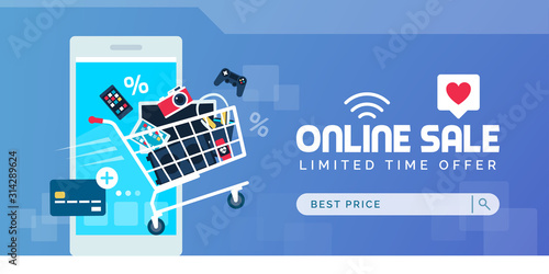 Electronics promotional sales banner with shopping cart