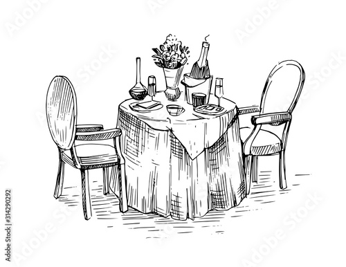 Cafe table with chairs. Hand drawn sketch converted to vector