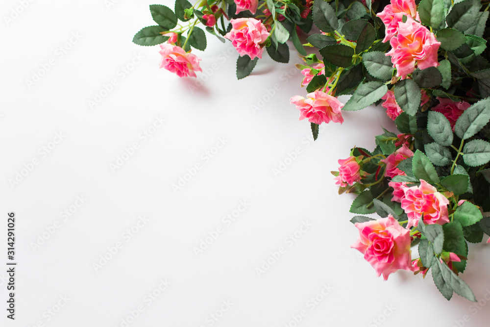 Fototapeta premium Background with roses arranged in upper right corner and copy blank space in the center.