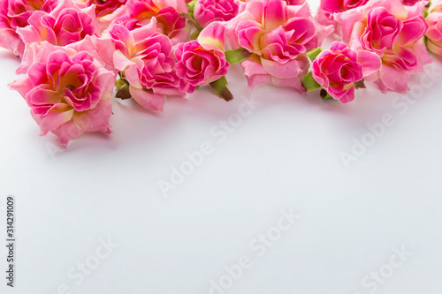 Simple decorative background with pink roses on the top of image and copy blank empty space in the center.