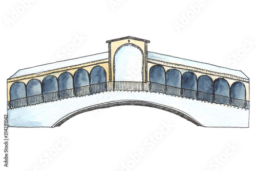 Bridge - one of the symbols of Venice. Watercolor hand drawn illustration