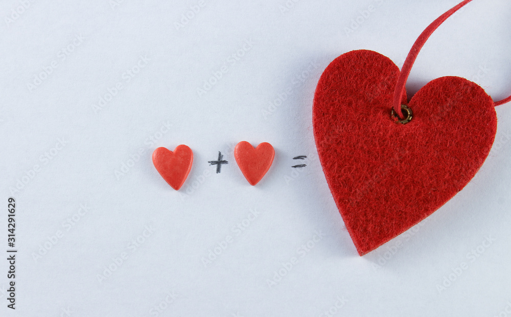 closeup image of two red hearts with a plus and equal sign on a white background, valentines day, valentines day closeup image of two red hearts with a plus and equal sign on a white background, valentines day, valentines day