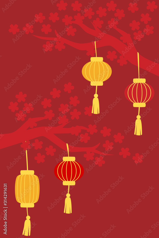 Chinese new year background with peach blossom and lanterns