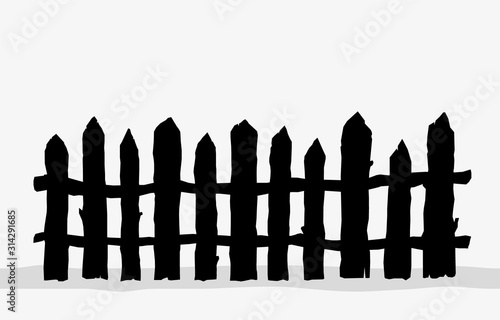 Old rustic fence silhouette isolated on white background.