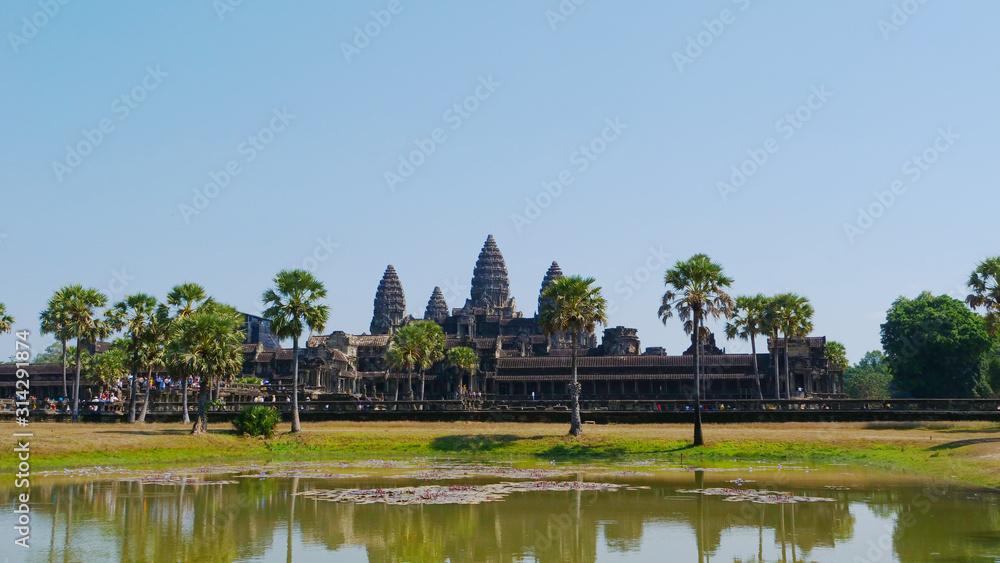 Popular tourist attraction landscape view of ancient temple complex Angkor Wat in Siem Reap, Cambodia
