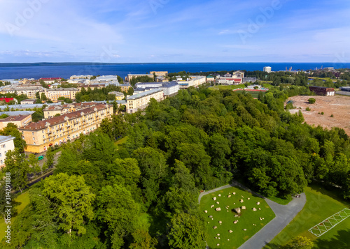 Aerial view on oldest park and avenue in downtown in Russian city