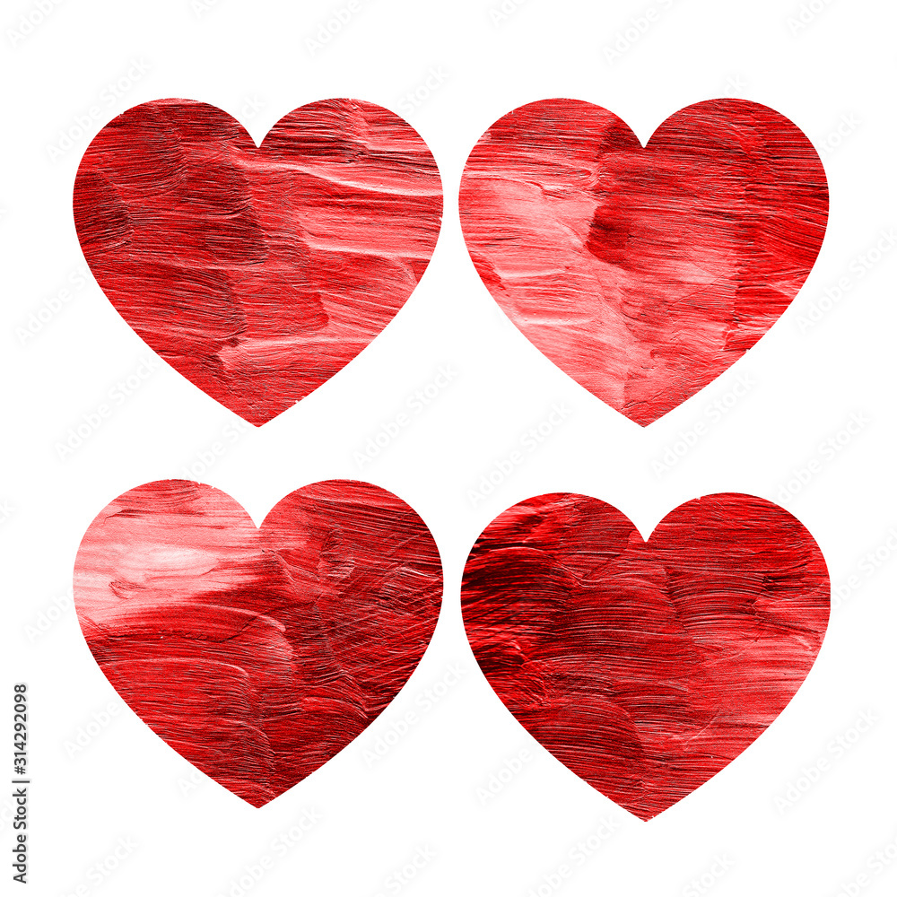 Happy Valentine's Day. Hand writen set of red hearts with a grunge texture. Watercolor element for your design.