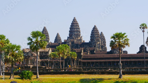 Popular tourist attraction landscape view of ancient temple complex Angkor Wat in Siem Reap, Cambodia