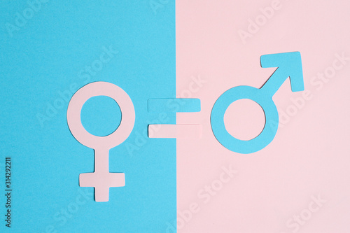 Canvastavla male and female symbols cut out of paper and an equal sign on a pink and blue paper background