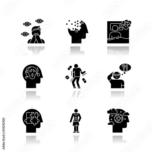 Mental disorder drop shadow black glyph icons set. Paranoia, psychosis. Amnesia, insomnia. Tardive dyskinesia. Alzheimer disease. Autism. Anorexia. Anxiety, depression. Isolated vector illustrations
