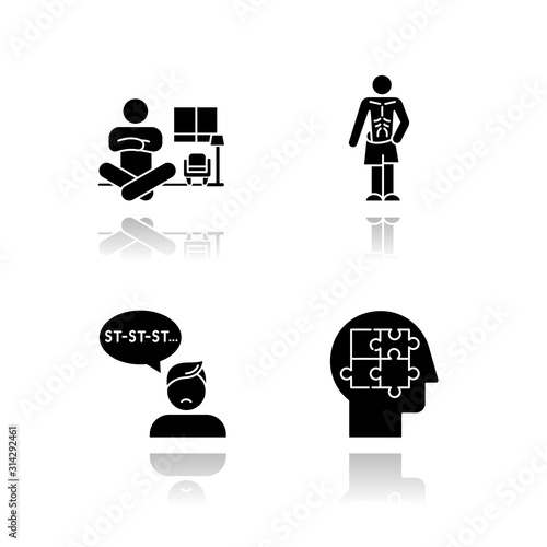 Mental disorder drop shadow black glyph icons set. Alice in wonderland syndrome. Anorexia. Eating disorder. Underweight. Stuttering. Speech disorder. Repetition. Autism. Isolated vector illustrations