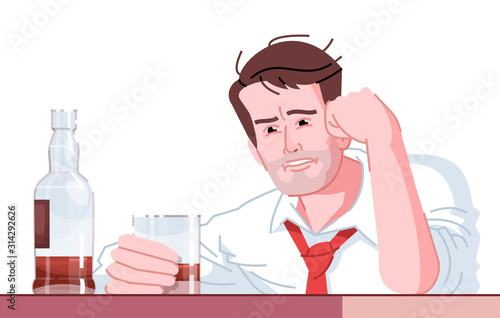 Alcohol addiction flat color vector illustration. Alcoholism habitual. Sloppy guy with whiskey. Sad, tired, drunk caucasian man holding glass of booze isolated cartoon character on white background