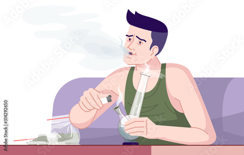 Cannabis addiction flat color vector illustration. Smoking psychotropic substances. Narcomania. Young caucasian man smoking weed with bong isolated cartoon character on white background