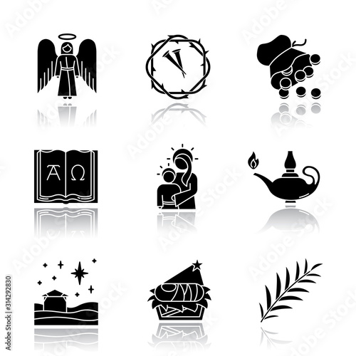 Bible narratives drop shadow black glyph icons set. Angel, thorns wreath, nails, 30 silver coins, Alpha, Omega, Virgin Mary, lamp, Christmas star, nursery, palm branch. Isolated vector illustrations