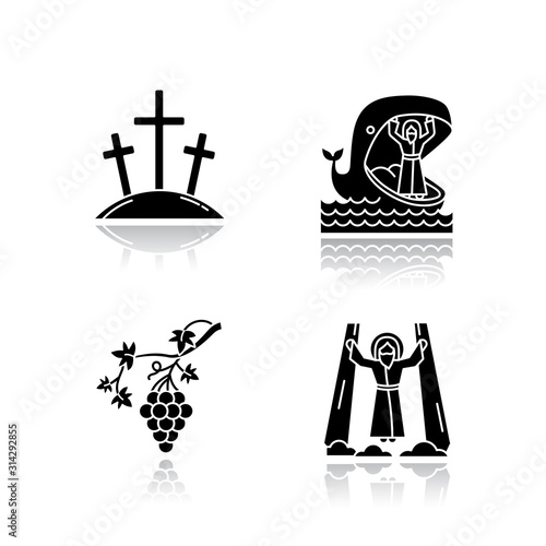 Bible narratives drop shadow black glyph icons set. Calvary, Jonah and whale, grapevine, ascension of Jesus Christ. Christian stories. Holy writ studying, learning. Isolated vector illustrations