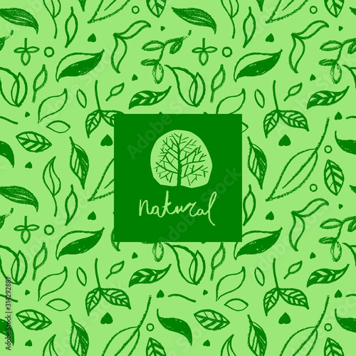 Organic seamless pattern and vegetarian background with leaves. Modern ornament. Green packaging design template with raw textures. Label tag design, vegan food, natural eco cosmetics, bio concept.