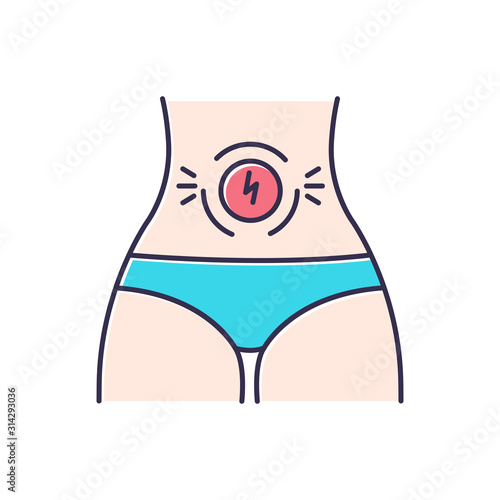 Abdominal pain color icon. Stomach ache. Period cramp, menstruation spasm. Female belly discomfort. Predmenstrual syndrome symptom. Abdomen area suffering. Isolated vector illustration