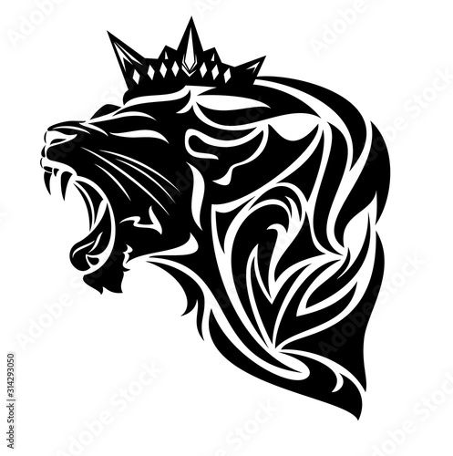 roaring king lion wearing royal crown - furious animal profile head black and white vector design