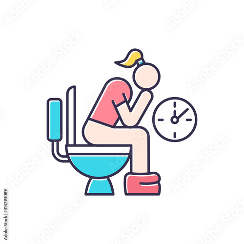 Constipation color icon. Menstruation pain. Period problem. Girl with hemorrhoids in lavatory. Woman on toilet. Digestive tract problem. Stomach ache. Bathroom, restroom. Isolated vector illustration
