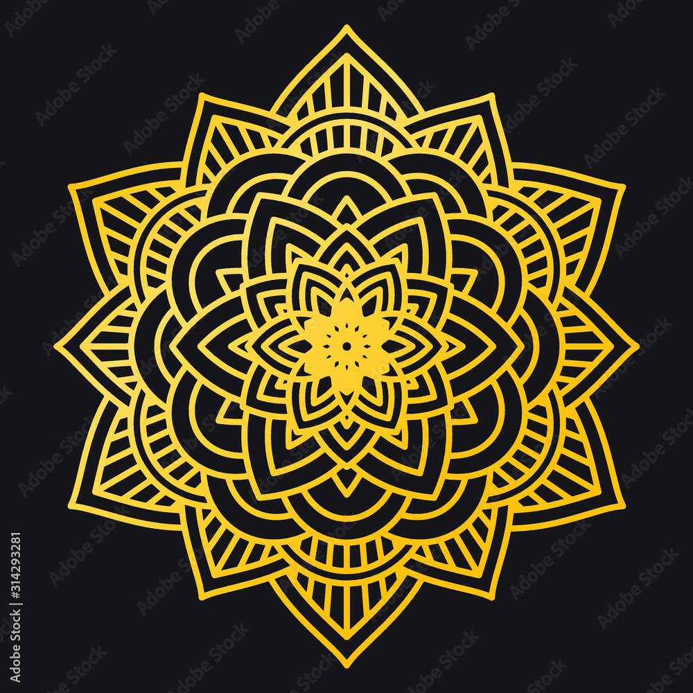 Abstract Petals Leaf Mandala Gold Line On Black Background. Vector Illustration Abstract Petals Leaf Mandala Gold Line On Black Background. Vector Illustration