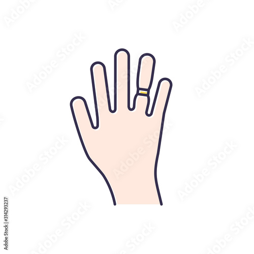 Swelling color icon. Weight gain. Swollen finger. Bloating on arm. Hand inflation. Joint trauma. Predmenstrual syndrome symptom. Overweight problem. Healthcare issue. Isolated vector illustration